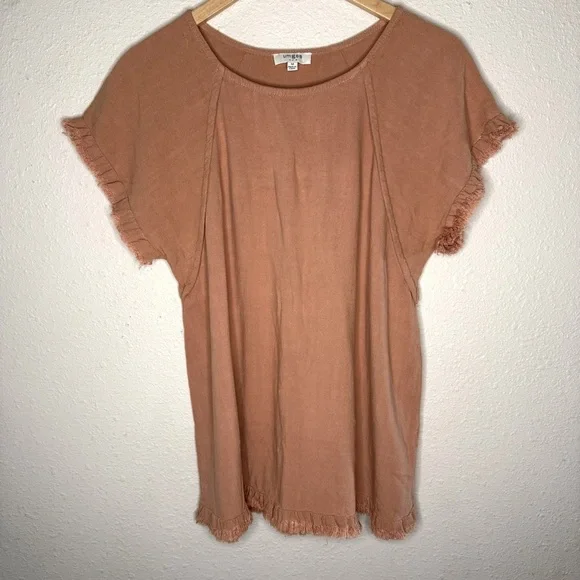 Umgee Linen Blend Top Short Sleeve Pintuck Fringe Hems Peachy Tan Women’s Size M - Picture 1 of 9
